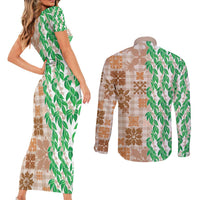 Aloha Hawaii Palaka Tuberose Lei Couples Matching Short Sleeve Bodycon Dress and Long Sleeve Button Shirt Hawaiian Quilt Seamless Style LT14 - Polynesian Pride