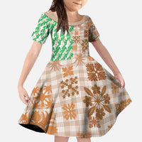 Aloha Hawaii Palaka Tuberose Lei Family Matching Long Sleeve Bodycon Dress and Hawaiian Shirt Hawaiian Quilt Seamless Style LT14 Daughter's Dress Beige - Polynesian Pride