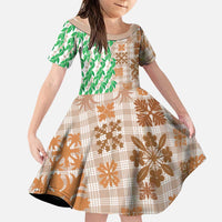 Aloha Hawaii Palaka Tuberose Lei Family Matching Summer Maxi Dress and Hawaiian Shirt Hawaiian Quilt Seamless Style LT14 Daughter's Dress Beige - Polynesian Pride