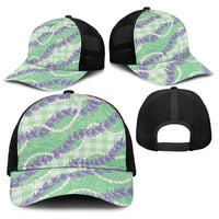 Pastel Green Hawaii Palaka Honohono Pikake Baseball Net Cap Hawaiian Orchid Lei Polynesian Pattern - Polynesian Pride