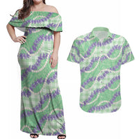Pastel Green Hawaii Palaka Honohono Pikake Couples Matching Off Shoulder Maxi Dress and Hawaiian Shirt Hawaiian Orchid Lei Polynesian Pattern LT14 Pastel Green - Polynesian Pride