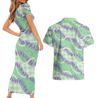 Pastel Green Hawaii Palaka Honohono Pikake Couples Matching Short Sleeve Bodycon Dress and Hawaiian Shirt Hawaiian Orchid Lei Polynesian Pattern - Polynesian Pride