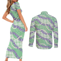 Pastel Green Hawaii Palaka Honohono Pikake Couples Matching Short Sleeve Bodycon Dress and Long Sleeve Button Shirt Hawaiian Orchid Lei Polynesian Pattern LT14 - Polynesian Pride
