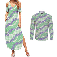 Pastel Green Hawaii Palaka Honohono Pikake Couples Matching Summer Maxi Dress and Long Sleeve Button Shirt Hawaiian Orchid Lei Polynesian Pattern - Polynesian Pride