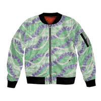 Pastel Green Hawaii Palaka Honohono Pikake Sleeve Zip Bomber Jacket Hawaiian Orchid Lei Polynesian Pattern - Polynesian Pride
