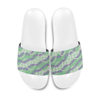Pastel Green Hawaii Palaka Honohono Pikake Slide Sandals Hawaiian Orchid Lei Polynesian Pattern - Polynesian Pride
