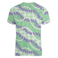 Pastel Green Hawaii Palaka Honohono Pikake Women V-Neck T-Shirt Hawaiian Orchid Lei Polynesian Pattern LT14 - Polynesian Pride