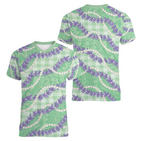 Pastel Green Hawaii Palaka Honohono Pikake Women V-Neck T-Shirt Hawaiian Orchid Lei Polynesian Pattern - Polynesian Pride