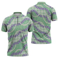 Pastel Green Hawaii Palaka Honohono Pikake Zipper Polo Shirt Hawaiian Orchid Lei Polynesian Pattern - Polynesian Pride