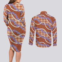 Orange Hawaii Palaka Honohono Pikake Couples Matching Long Sleeve Bodycon Dress and Long Sleeve Button Shirt Hawaiian Orchid Lei Polynesian Pattern LT14 - Polynesian Pride