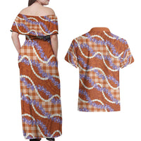 Orange Hawaii Palaka Honohono Pikake Couples Matching Off Shoulder Maxi Dress and Hawaiian Shirt Hawaiian Orchid Lei Polynesian Pattern - Polynesian Pride
