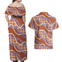 Orange Hawaii Palaka Honohono Pikake Couples Matching Off Shoulder Maxi Dress and Hawaiian Shirt Hawaiian Orchid Lei Polynesian Pattern LT14 - Polynesian Pride