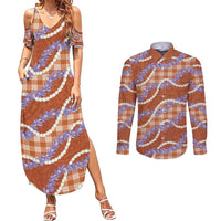 Orange Hawaii Palaka Honohono Pikake Couples Matching Summer Maxi Dress and Long Sleeve Button Shirt Hawaiian Orchid Lei Polynesian Pattern - Polynesian Pride