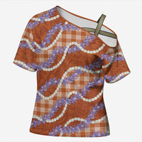 Orange Hawaii Palaka Honohono Pikake Cross Shoulder Shirt Hawaiian Orchid Lei Polynesian Pattern - Polynesian Pride