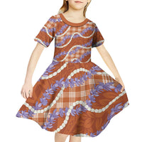 Orange Hawaii Palaka Honohono Pikake Kid Short Sleeve Dress Hawaiian Orchid Lei Polynesian Pattern - Polynesian Pride