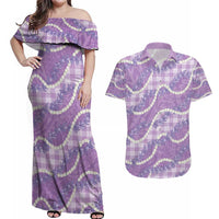 Purple Hawaii Palaka Honohono Pikake Couples Matching Off Shoulder Maxi Dress and Hawaiian Shirt Hawaiian Orchid Lei Polynesian Pattern LT14 Purple - Polynesian Pride