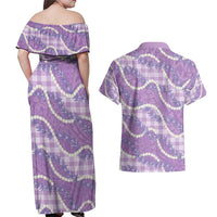 Purple Hawaii Palaka Honohono Pikake Couples Matching Off Shoulder Maxi Dress and Hawaiian Shirt Hawaiian Orchid Lei Polynesian Pattern LT14 - Polynesian Pride