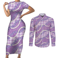 Purple Hawaii Palaka Honohono Pikake Couples Matching Short Sleeve Bodycon Dress and Long Sleeve Button Shirt Hawaiian Orchid Lei Polynesian Pattern LT14 Purple - Polynesian Pride