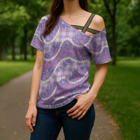 Purple Hawaii Palaka Honohono Pikake Cross Shoulder Shirt Hawaiian Orchid Lei Polynesian Pattern - Polynesian Pride