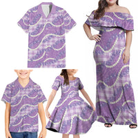 Purple Hawaii Palaka Honohono Pikake Family Matching Off Shoulder Maxi Dress and Hawaiian Shirt Hawaiian Orchid Lei Polynesian Pattern - Polynesian Pride