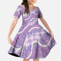 Purple Hawaii Palaka Honohono Pikake Family Matching Short Sleeve Bodycon Dress and Hawaiian Shirt Hawaiian Orchid Lei Polynesian Pattern LT14 Daughter's Dress Purple - Polynesian Pride