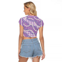 Purple Hawaii Palaka Honohono Pikake Raglan Cropped T Shirt Hawaiian Orchid Lei Polynesian Pattern - Polynesian Pride