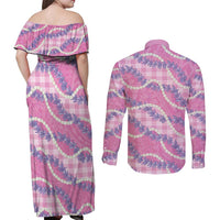 Pink Hawaii Palaka Honohono Pikake Couples Matching Off Shoulder Maxi Dress and Long Sleeve Button Shirt Hawaiian Orchid Lei Polynesian Pattern - Polynesian Pride