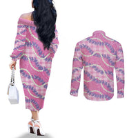 Pink Hawaii Palaka Honohono Pikake Couples Matching Off The Shoulder Long Sleeve Dress and Long Sleeve Button Shirt Hawaiian Orchid Lei Polynesian Pattern - Polynesian Pride