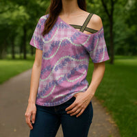 Pink Hawaii Palaka Honohono Pikake Cross Shoulder Shirt Hawaiian Orchid Lei Polynesian Pattern - Polynesian Pride