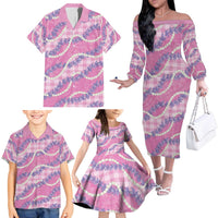 Pink Hawaii Palaka Honohono Pikake Family Matching Off The Shoulder Long Sleeve Dress and Hawaiian Shirt Hawaiian Orchid Lei Polynesian Pattern LT14 - Polynesian Pride
