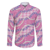 Pink Hawaii Palaka Honohono Pikake Family Matching Off The Shoulder Long Sleeve Dress and Hawaiian Shirt Hawaiian Orchid Lei Polynesian Pattern LT14 Dad's Shirt - Long Sleeve Pink - Polynesian Pride
