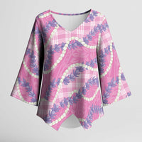 Pink Hawaii Palaka Honohono Pikake Kimono Sleeve Blouse Hawaiian Orchid Lei Polynesian Pattern - Polynesian Pride