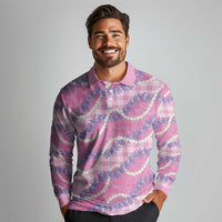 Pink Hawaii Palaka Honohono Pikake Long Sleeve Polo Shirt Hawaiian Orchid Lei Polynesian Pattern - Polynesian Pride