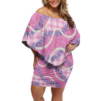 Pink Hawaii Palaka Honohono Pikake Off Shoulder Short Dress Hawaiian Orchid Lei Polynesian Pattern - Polynesian Pride