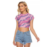 Pink Hawaii Palaka Honohono Pikake Raglan Cropped T Shirt Hawaiian Orchid Lei Polynesian Pattern - Polynesian Pride