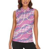 Pink Hawaii Palaka Honohono Pikake Women Sleeveless Polo Shirt Hawaiian Orchid Lei Polynesian Pattern LT14 - Polynesian Pride