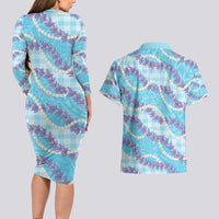 Blue Hawaii Palaka Honohono Pikake Couples Matching Long Sleeve Bodycon Dress and Hawaiian Shirt Hawaiian Orchid Lei Polynesian Pattern LT14 - Polynesian Pride