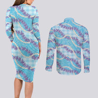 Blue Hawaii Palaka Honohono Pikake Couples Matching Long Sleeve Bodycon Dress and Long Sleeve Button Shirt Hawaiian Orchid Lei Polynesian Pattern - Polynesian Pride