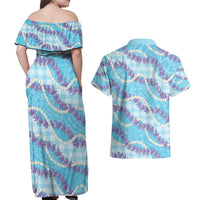 Blue Hawaii Palaka Honohono Pikake Couples Matching Off Shoulder Maxi Dress and Hawaiian Shirt Hawaiian Orchid Lei Polynesian Pattern LT14 - Polynesian Pride