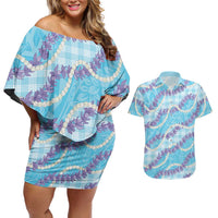 Blue Hawaii Palaka Honohono Pikake Couples Matching Off Shoulder Short Dress and Hawaiian Shirt Hawaiian Orchid Lei Polynesian Pattern LT14 Blue - Polynesian Pride