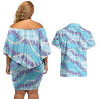 Blue Hawaii Palaka Honohono Pikake Couples Matching Off Shoulder Short Dress and Hawaiian Shirt Hawaiian Orchid Lei Polynesian Pattern LT14 - Polynesian Pride