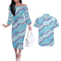 Blue Hawaii Palaka Honohono Pikake Couples Matching Off The Shoulder Long Sleeve Dress and Hawaiian Shirt Hawaiian Orchid Lei Polynesian Pattern - Polynesian Pride