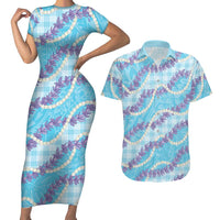 Blue Hawaii Palaka Honohono Pikake Couples Matching Short Sleeve Bodycon Dress and Hawaiian Shirt Hawaiian Orchid Lei Polynesian Pattern LT14 Blue - Polynesian Pride