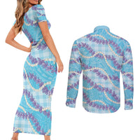 Blue Hawaii Palaka Honohono Pikake Couples Matching Short Sleeve Bodycon Dress and Long Sleeve Button Shirt Hawaiian Orchid Lei Polynesian Pattern LT14 - Polynesian Pride