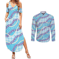 Blue Hawaii Palaka Honohono Pikake Couples Matching Summer Maxi Dress and Long Sleeve Button Shirt Hawaiian Orchid Lei Polynesian Pattern - Polynesian Pride