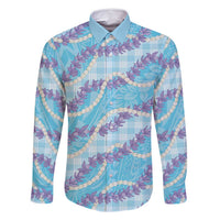 Blue Hawaii Palaka Honohono Pikake Family Matching Off Shoulder Maxi Dress and Hawaiian Shirt Hawaiian Orchid Lei Polynesian Pattern LT14 Dad's Shirt - Long Sleeve Blue - Polynesian Pride