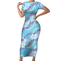 Blue Hawaii Palaka Honohono Pikake Family Matching Short Sleeve Bodycon Dress and Hawaiian Shirt Hawaiian Orchid Lei Polynesian Pattern LT14 Blue - Polynesian Pride