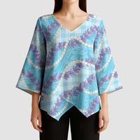 Blue Hawaii Palaka Honohono Pikake Kimono Sleeve Blouse Hawaiian Orchid Lei Polynesian Pattern - Polynesian Pride
