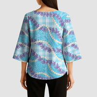 Blue Hawaii Palaka Honohono Pikake Kimono Sleeve Blouse Hawaiian Orchid Lei Polynesian Pattern - Polynesian Pride