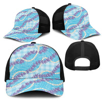 Blue Hawaii Palaka Honohono Pikake Mesh Trucker Cap Hawaiian Orchid Lei Polynesian Pattern - Polynesian Pride